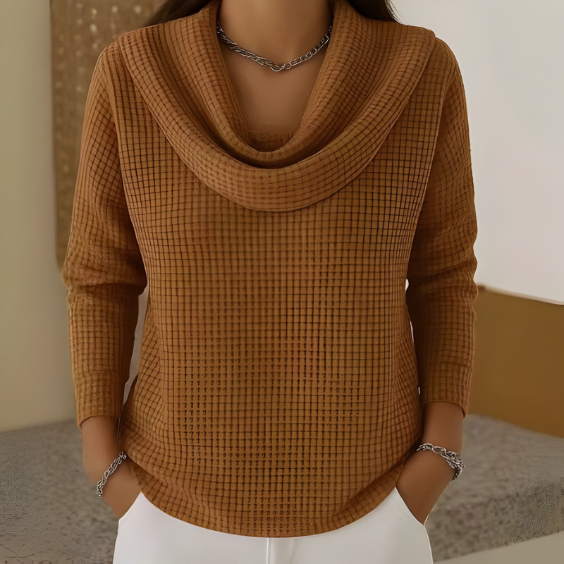 Amber™ – Warm Waffle Sweater with Elegant Waterfall Neckline